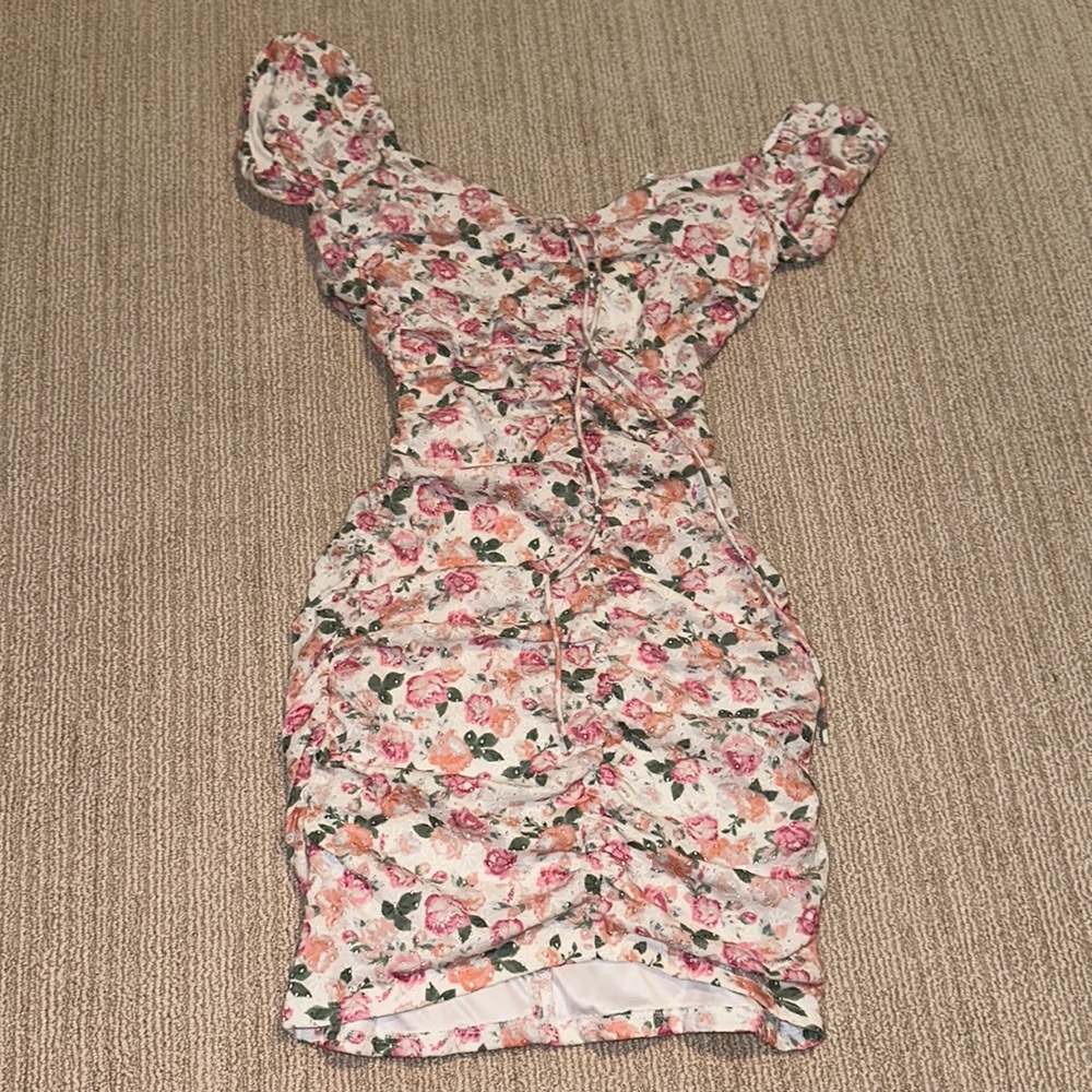 Women’s Guess Rutched Off the Shoulder Floral Mini Dress